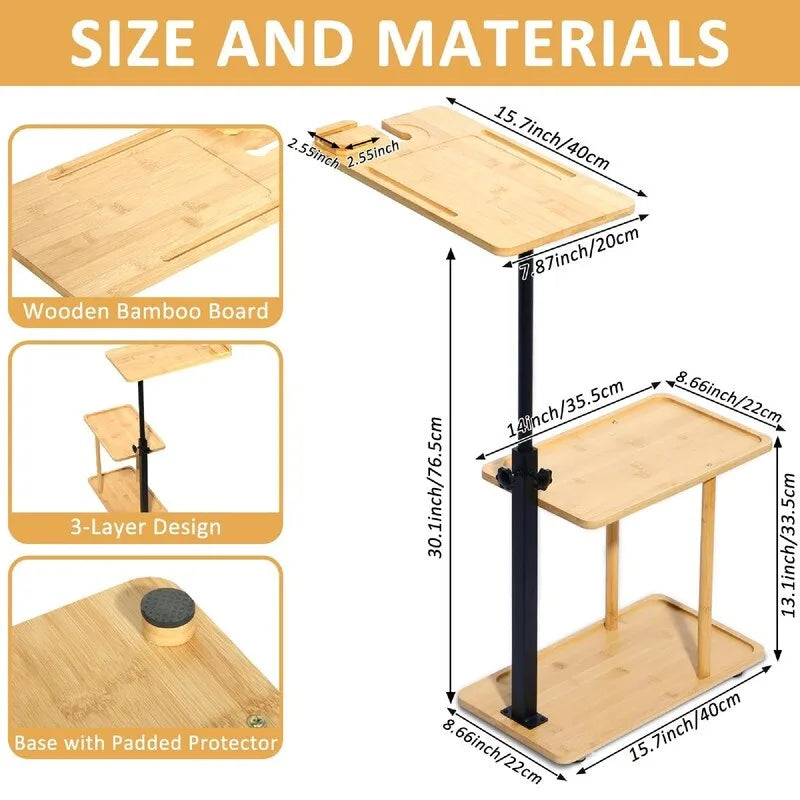 3 Layer C-Shaped End Table for Couch Arm - 35.5L x 15.7W x 76.5H