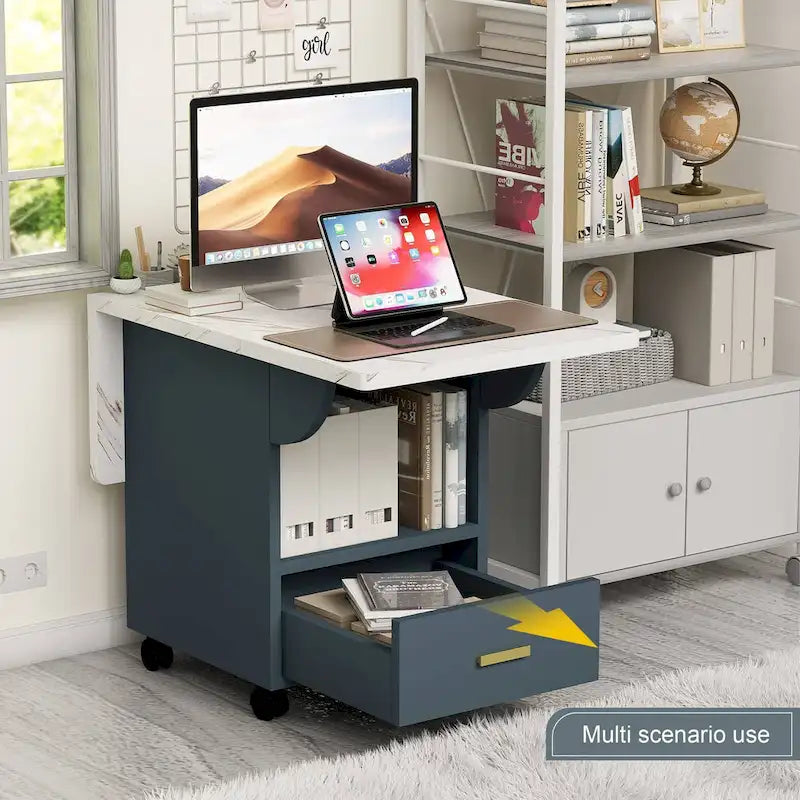 39.4 Foldable Solid Wood Dining Table with 4 Wheels and Drawer