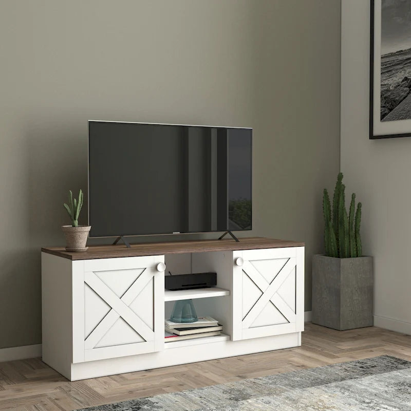 Modern TV Stand with 2 Doors Storage Cabinets, Wood Finish, Living Room Entertainment Center