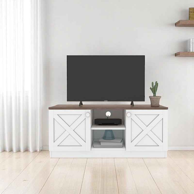 Modern TV Stand with 2 Doors Storage Cabinets, Wood Finish, Living Room Entertainment Center