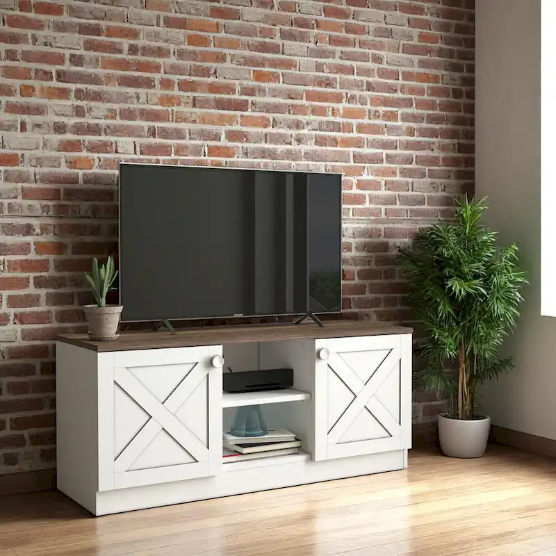 Modern TV Stand with 2 Doors Storage Cabinets, Wood Finish, Living Room Entertainment Center