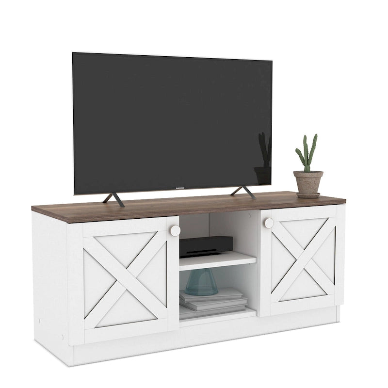 Modern TV Stand with 2 Doors Storage Cabinets, Wood Finish, Living Room Entertainment Center