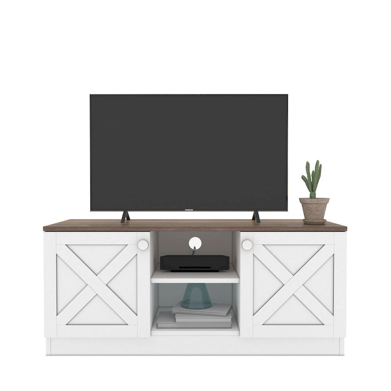 Modern TV Stand with 2 Doors Storage Cabinets, Wood Finish, Living Room Entertainment Center