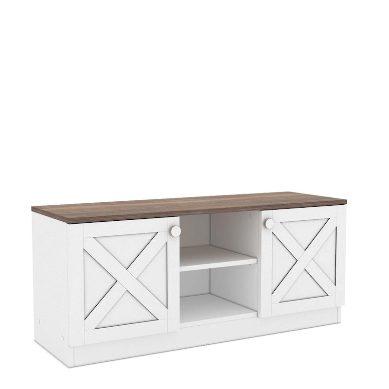 Modern TV Stand with 2 Doors Storage Cabinets, Wood Finish, Living Room Entertainment Center