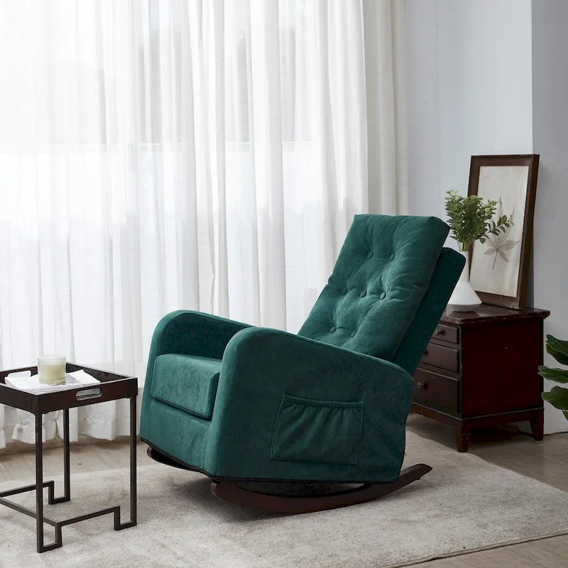 Modern 28.74 High Back Upholstered Buttons Tufted Rocking Chair with Solid Wood Legs and Side Pocket