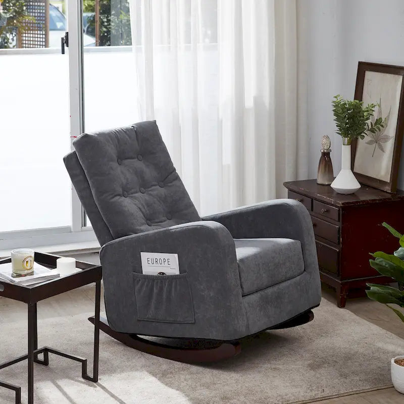 Modern 28.74 High Back Upholstered Buttons Tufted Rocking Chair with Solid Wood Legs and Side Pocket