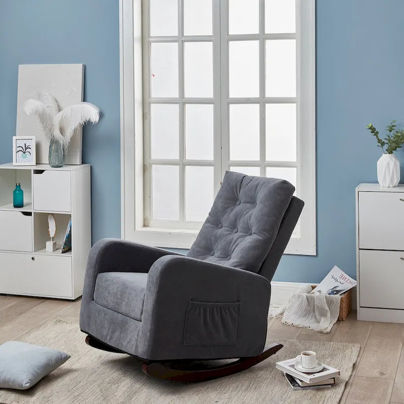 Modern 28.74 High Back Upholstered Buttons Tufted Rocking Chair with Solid Wood Legs and Side Pocket