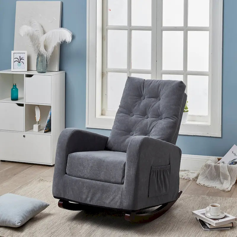Modern 28.74 High Back Upholstered Buttons Tufted Rocking Chair with Solid Wood Legs and Side Pocket