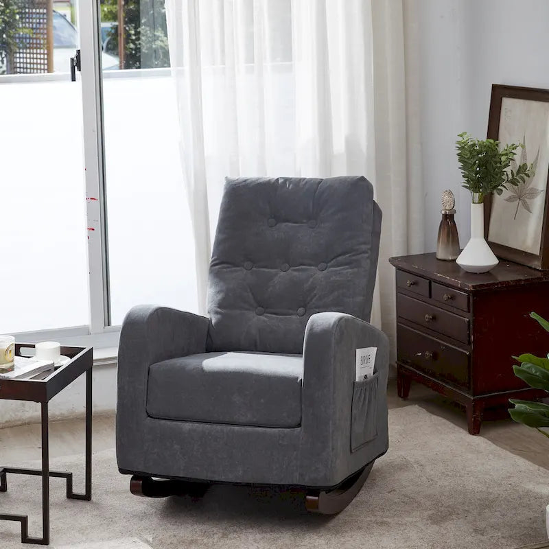 Modern 28.74 High Back Upholstered Buttons Tufted Rocking Chair with Solid Wood Legs and Side Pocket
