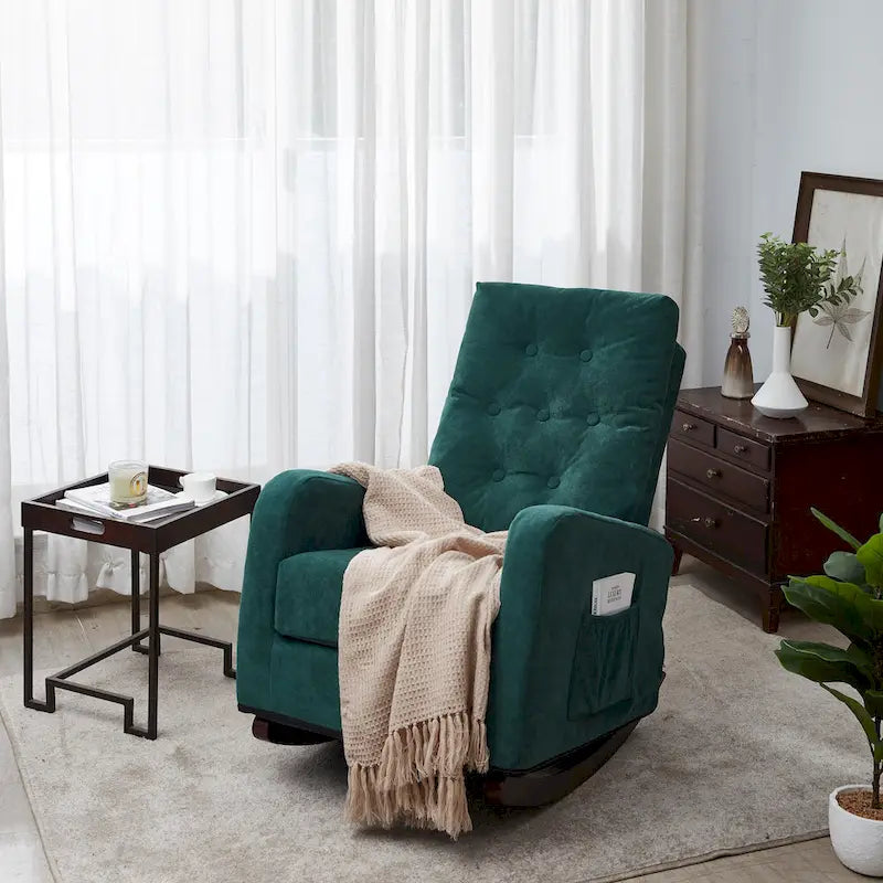 Modern 28.74 High Back Upholstered Buttons Tufted Rocking Chair with Solid Wood Legs and Side Pocket