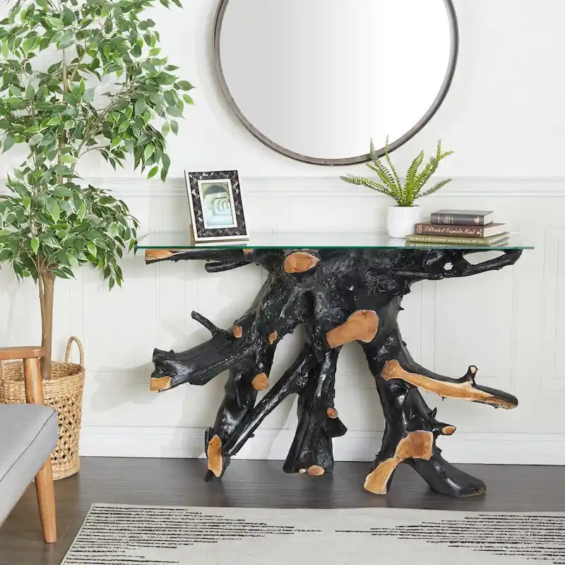 Teak Wood Tree Stump Console Table with Clear Glass Top - Black - 16W x 49L x 32H