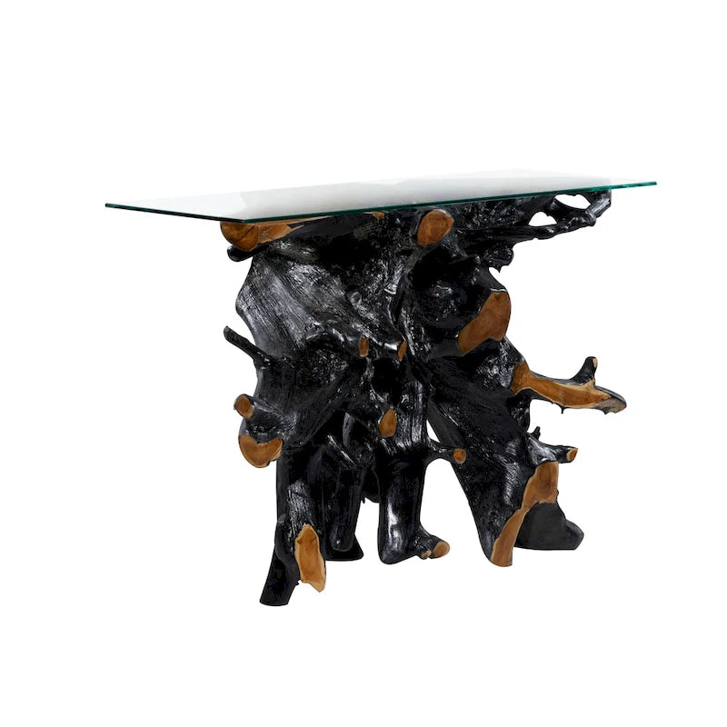Teak Wood Tree Stump Console Table with Clear Glass Top - Black - 16W x 49L x 32H