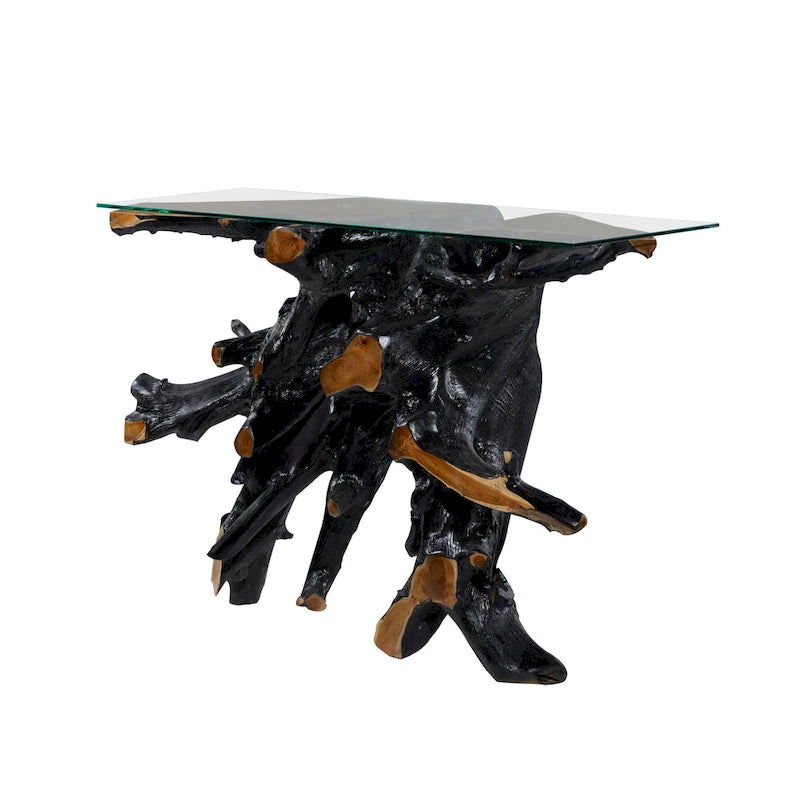 Teak Wood Tree Stump Console Table with Clear Glass Top - Black - 16W x 49L x 32H