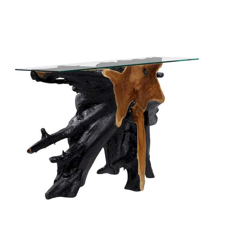 Teak Wood Tree Stump Console Table with Clear Glass Top - Black - 16W x 49L x 32H