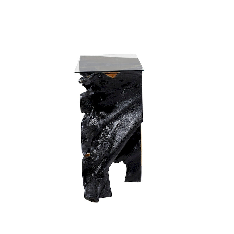 Teak Wood Tree Stump Console Table with Clear Glass Top - Black - 16W x 49L x 32H