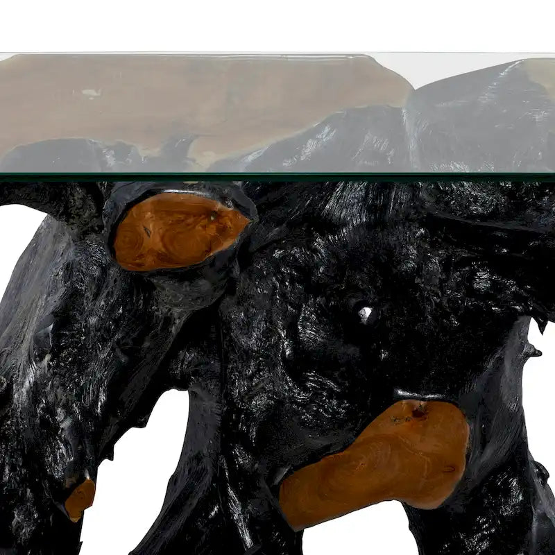 Teak Wood Tree Stump Console Table with Clear Glass Top - Black - 16W x 49L x 32H