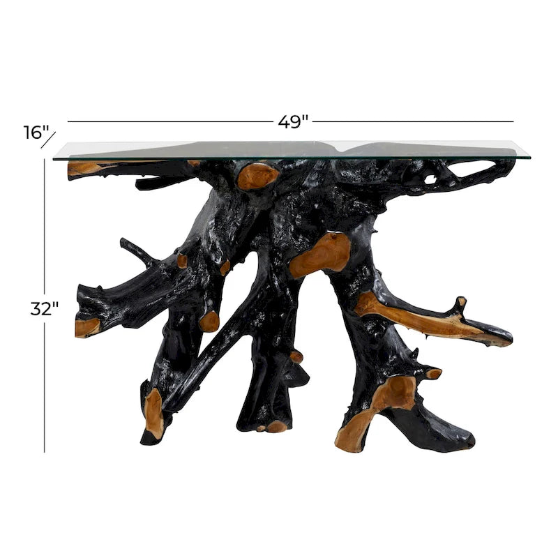 Teak Wood Tree Stump Console Table with Clear Glass Top - Black - 16W x 49L x 32H
