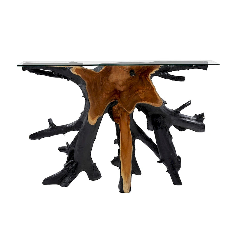 Teak Wood Tree Stump Console Table with Clear Glass Top - Black - 16W x 49L x 32H