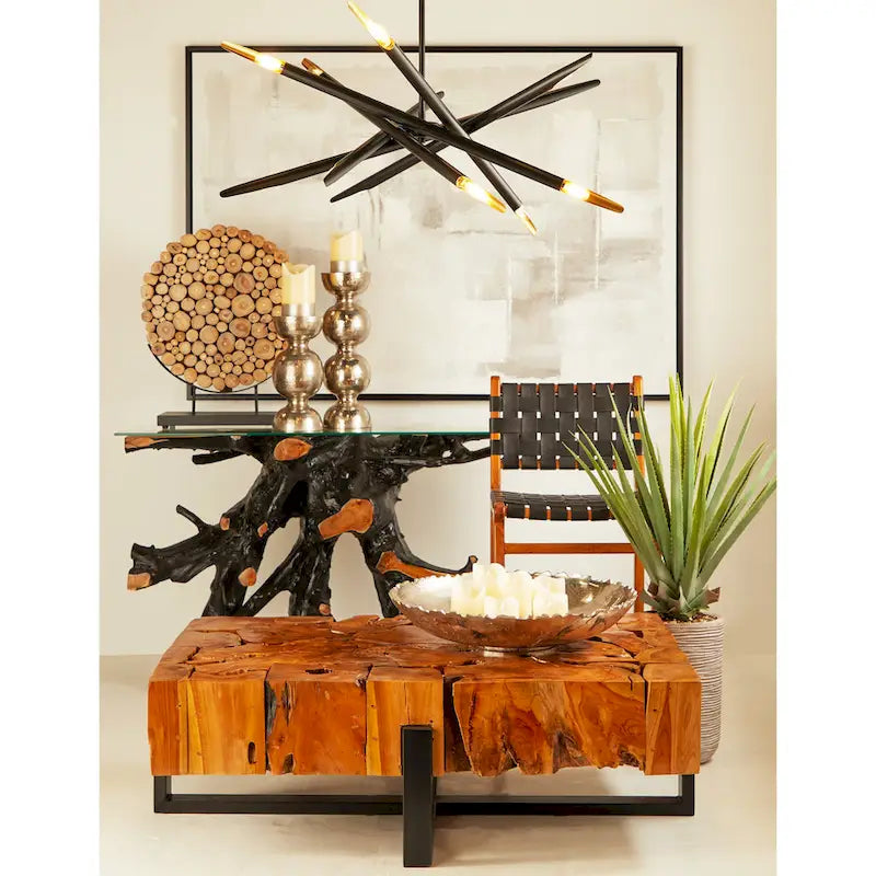 Teak Wood Tree Stump Console Table with Clear Glass Top - Black - 16W x 49L x 32H