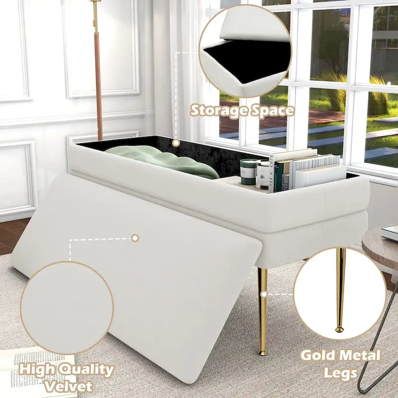 Velvet Storage Ottoman Bench with Metal Legs
