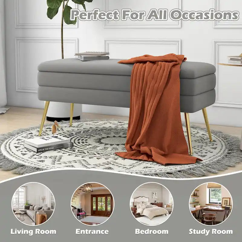 Velvet Storage Ottoman Bench with Metal Legs