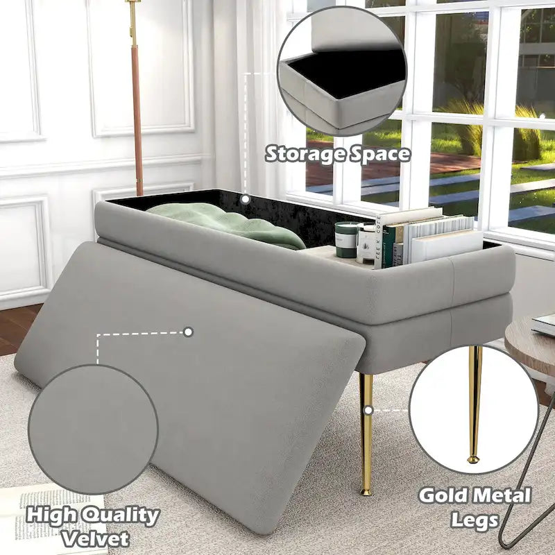 Velvet Storage Ottoman Bench with Metal Legs
