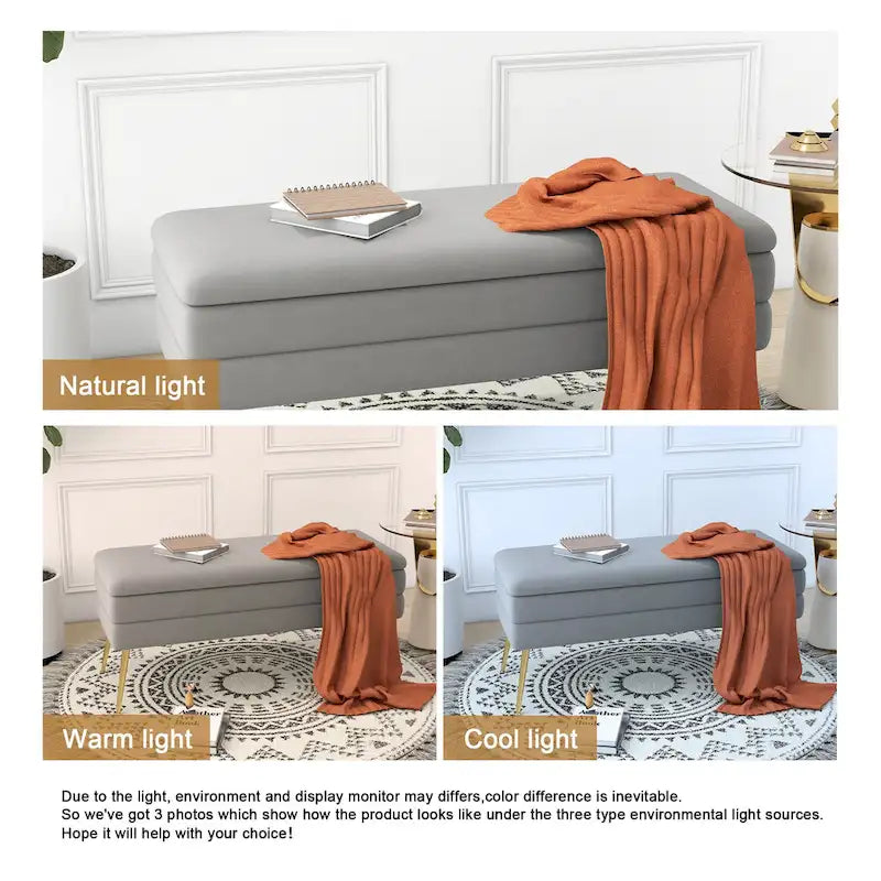 Velvet Storage Ottoman Bench with Metal Legs