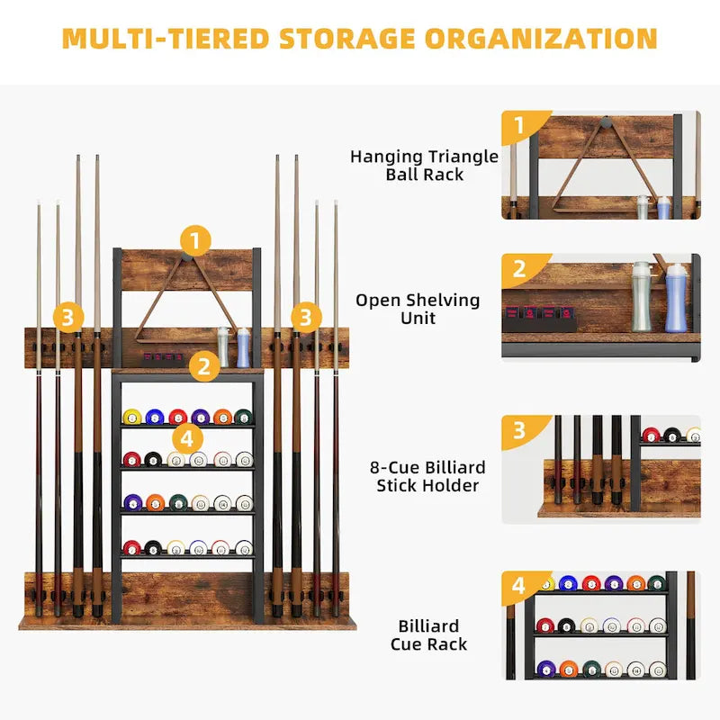 8-Cue Wall Mounting Billiard Rack with 24-Ball Storage Rack