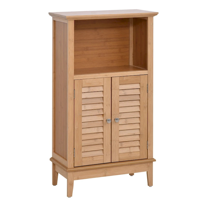 Bamboo Floor Cabinet Bathroom Floor Cabinet Living Room Organizer Tower with Multiple Shelves and Doors, Natural