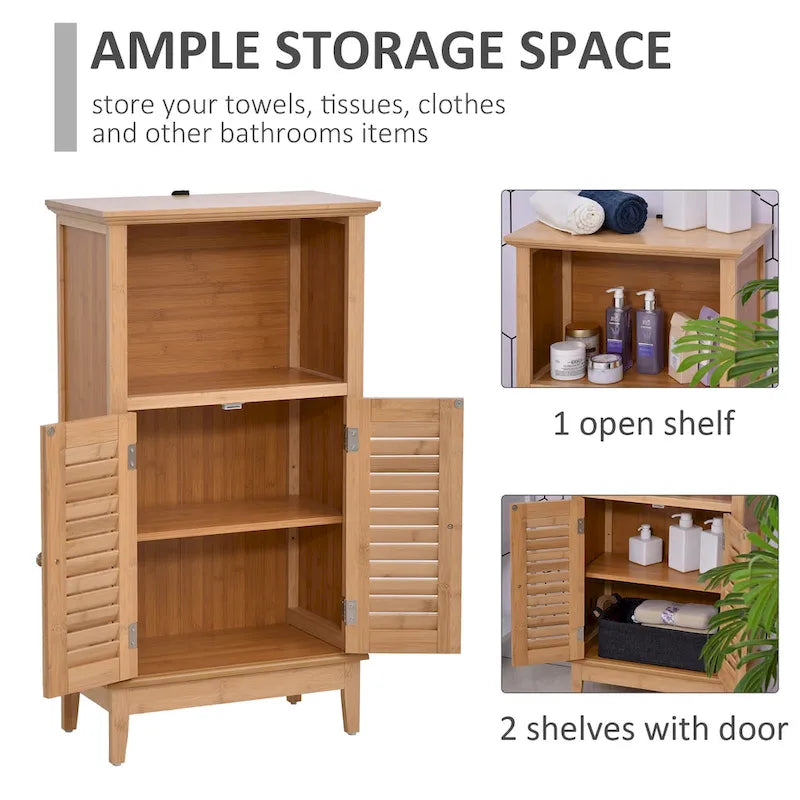Bamboo Floor Cabinet Bathroom Floor Cabinet Living Room Organizer Tower with Multiple Shelves and Doors, Natural