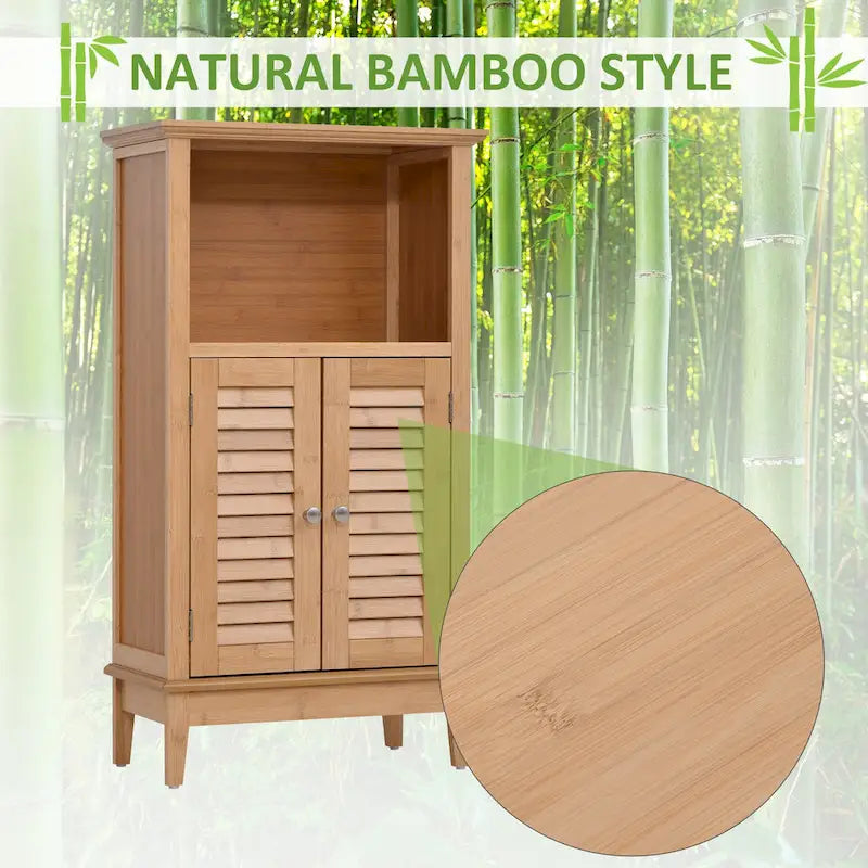 Bamboo Floor Cabinet Bathroom Floor Cabinet Living Room Organizer Tower with Multiple Shelves and Doors, Natural