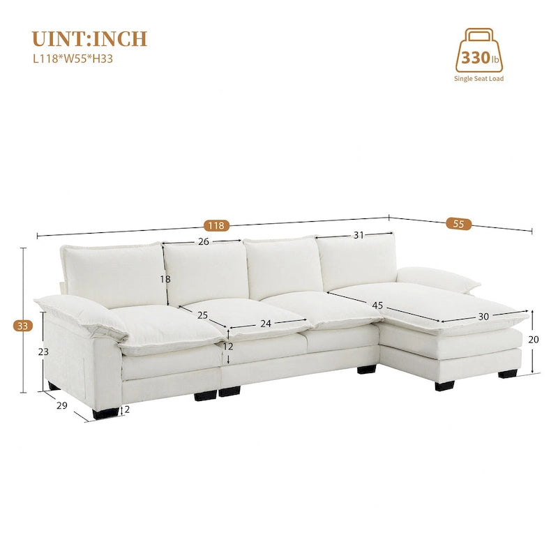 [VIDEO provided][New]118*55 Modern L-shaped Chenille Cloud Sofa with Double Seat Cushions,5-seat Upholstered Indoor Furniture,S