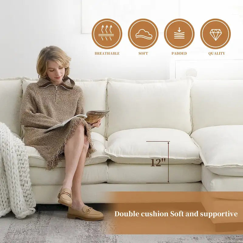 [VIDEO provided][New]118*55 Modern L-shaped Chenille Cloud Sofa with Double Seat Cushions,5-seat Upholstered Indoor Furniture,S