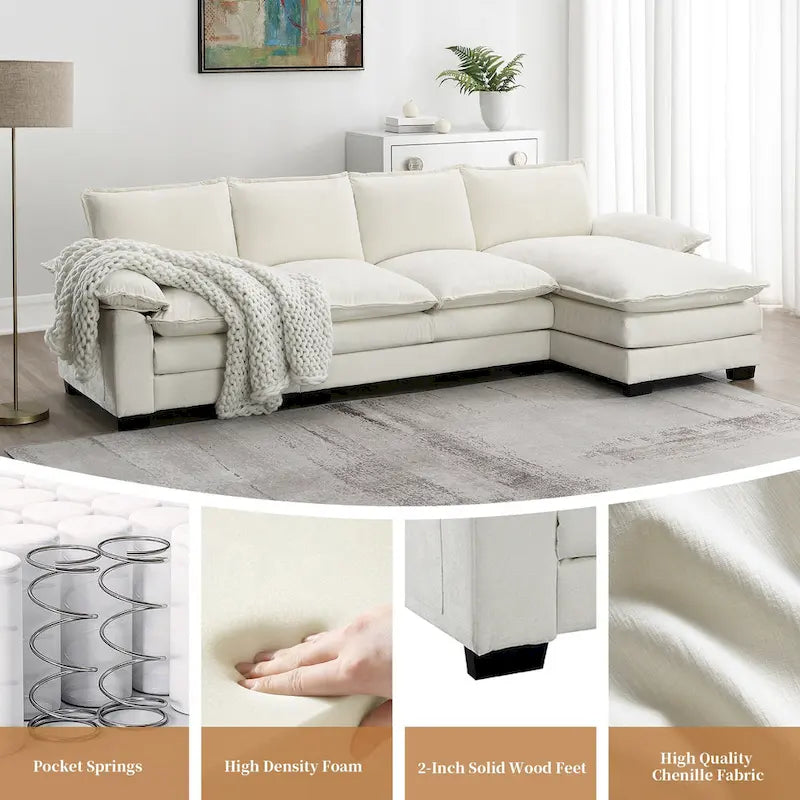 [VIDEO provided][New]118*55 Modern L-shaped Chenille Cloud Sofa with Double Seat Cushions,5-seat Upholstered Indoor Furniture,S