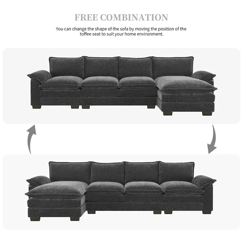 [VIDEO provided][New]118*55 Modern L-shaped Chenille Cloud Sofa with Double Seat Cushions,5-seat Upholstered Indoor Furniture,S