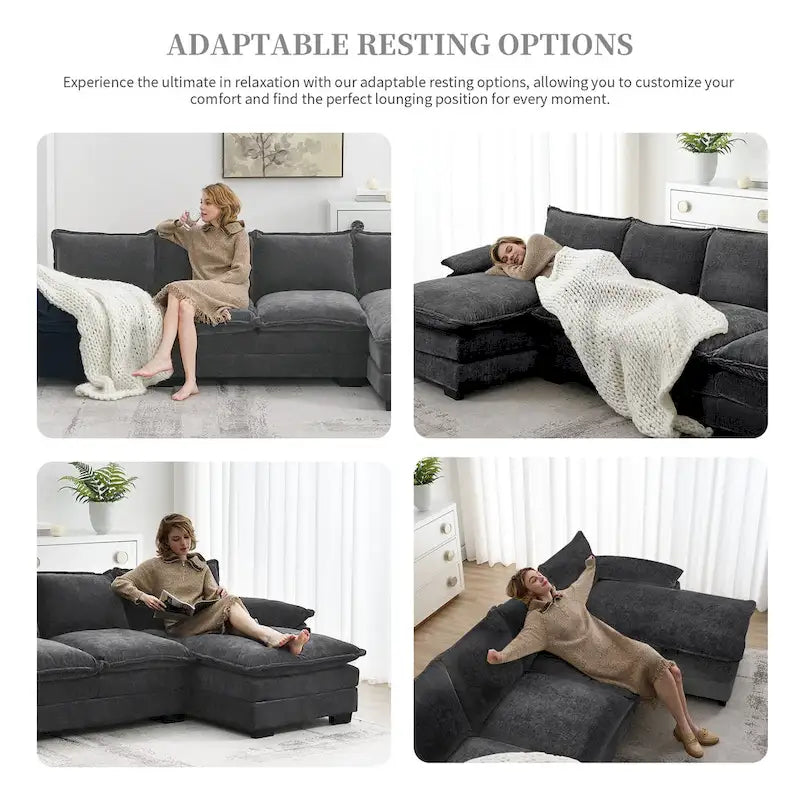 [VIDEO provided][New]118*55 Modern L-shaped Chenille Cloud Sofa with Double Seat Cushions,5-seat Upholstered Indoor Furniture,S