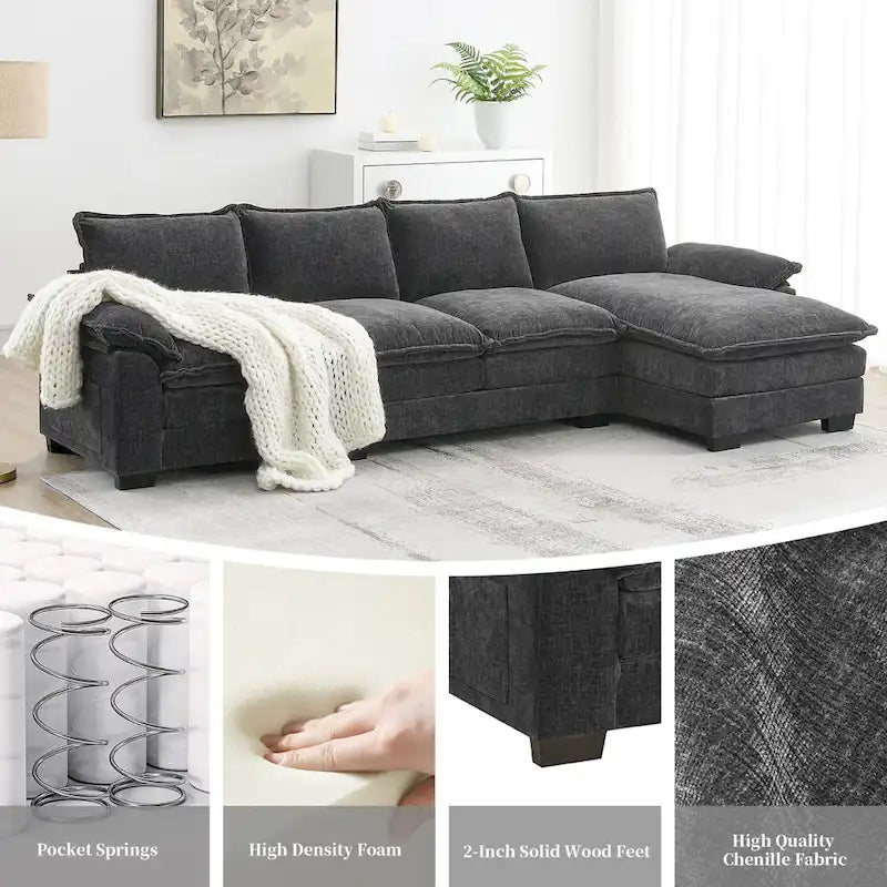 [VIDEO provided][New]118*55 Modern L-shaped Chenille Cloud Sofa with Double Seat Cushions,5-seat Upholstered Indoor Furniture,S