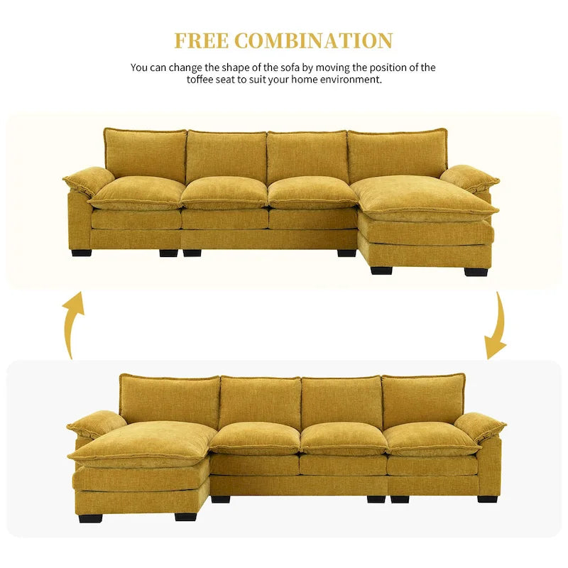 [VIDEO provided][New]118*55 Modern L-shaped Chenille Cloud Sofa with Double Seat Cushions,5-seat Upholstered Indoor Furniture,S