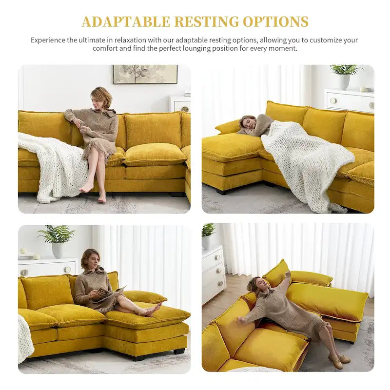 [VIDEO provided][New]118*55 Modern L-shaped Chenille Cloud Sofa with Double Seat Cushions,5-seat Upholstered Indoor Furniture,S