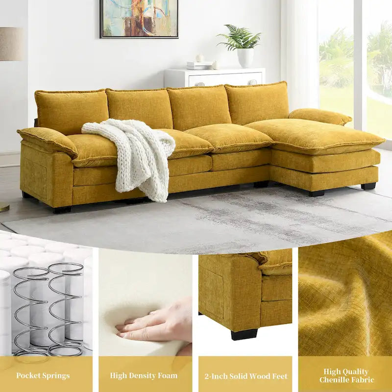[VIDEO provided][New]118*55 Modern L-shaped Chenille Cloud Sofa with Double Seat Cushions,5-seat Upholstered Indoor Furniture,S