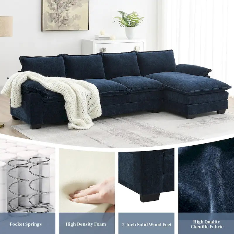 [VIDEO provided][New]118*55 Modern L-shaped Chenille Cloud Sofa with Double Seat Cushions,5-seat Upholstered Indoor Furniture,S