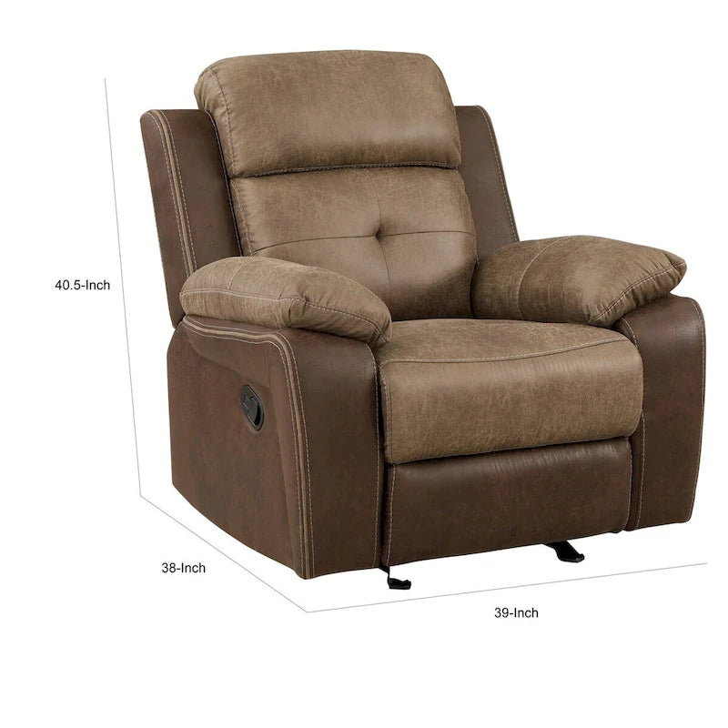 38 Inch Manual Glider Recliner Chair, Brown Microfiber, Solid Wood
