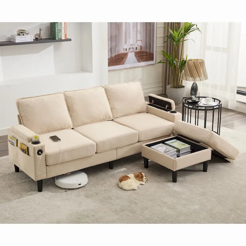 L-Shaped Sectional 3-seater sofa with storage ottoman
