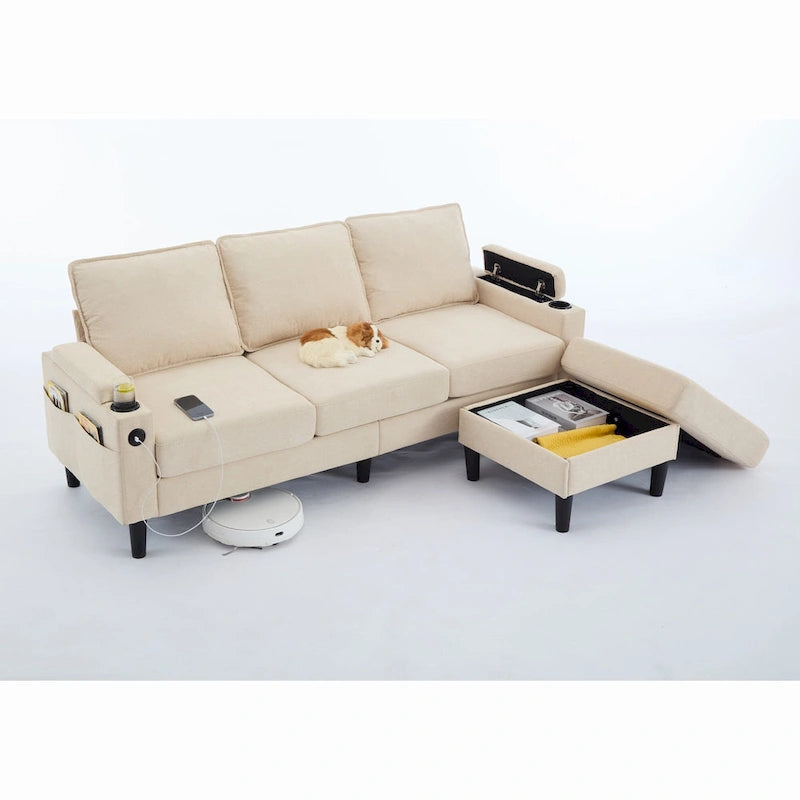 L-Shaped Sectional 3-seater sofa with storage ottoman