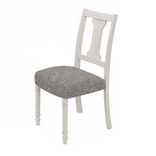 19 Inch Dining Side Chair Set of 2, Fiddleback, White Wood, Gray Linen