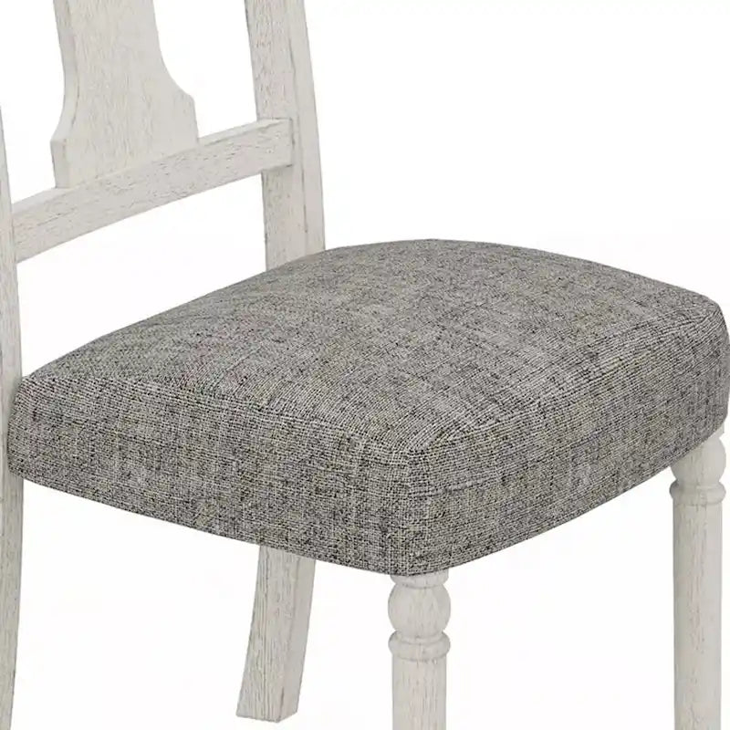 19 Inch Dining Side Chair Set of 2, Fiddleback, White Wood, Gray Linen