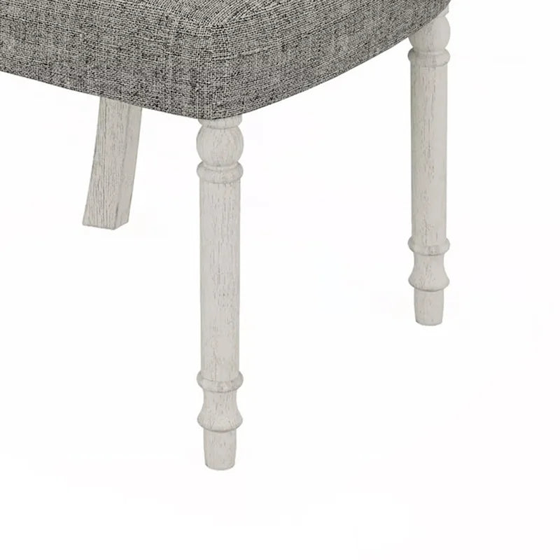 19 Inch Dining Side Chair Set of 2, Fiddleback, White Wood, Gray Linen