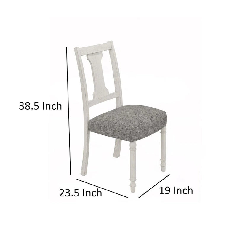 19 Inch Dining Side Chair Set of 2, Fiddleback, White Wood, Gray Linen