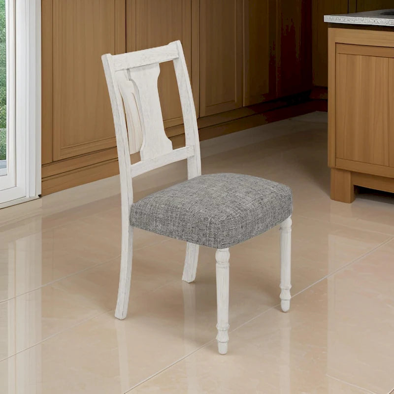 19 Inch Dining Side Chair Set of 2, Fiddleback, White Wood, Gray Linen
