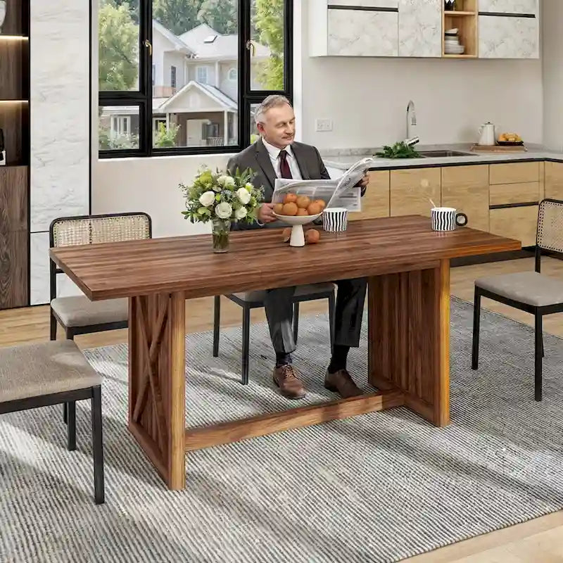 Rustic Style Wood Dinner Table 70.8 Large Farmhouse Kitchen Dining Room Table for 6 to 8 People